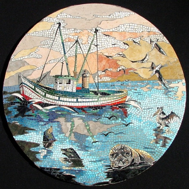 Victor Ghio's Fishing Boat at Sea with Birds and Sea Lions